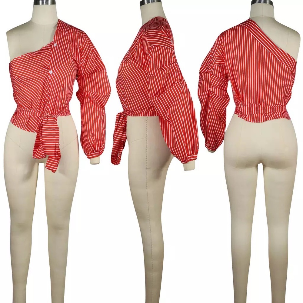 🌸 Red Stripes Asymmetrical Off The Shoulder Top